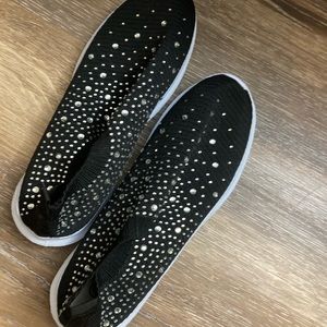 New Black Rhinstone Slip On Tennis Shoes, Size 11 Narrow Fit